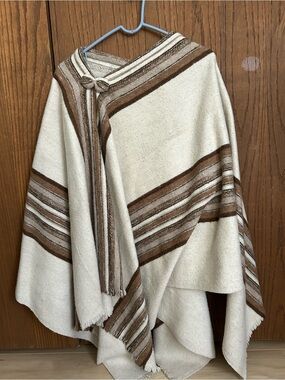 Handmade Wool Cream and Brown Striped Poncho